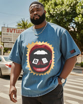 Big & Tall Men's Street Fashion Big Mouth Hot Stamping-washed Denim Short Sleeve T-shirt